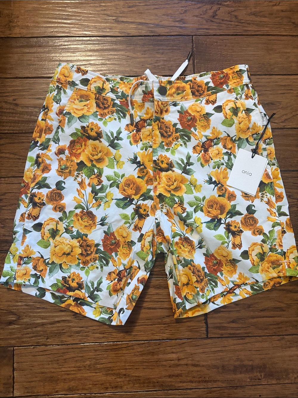Onia Men's White Swim Shorts with Yellow and Green Floral Print